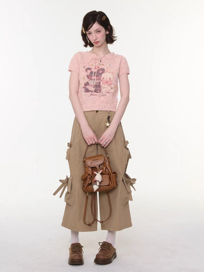 Bear Rabbit Print Strap Crew Neck Short Sleeve T-Shirt Pink【s0000016326】