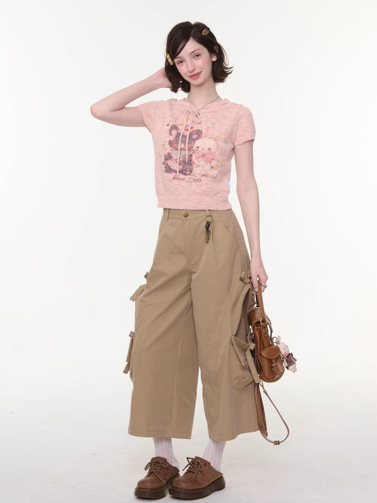 Bear Rabbit Print Strap Crew Neck Short Sleeve T-Shirt Pink【s0000016326】
