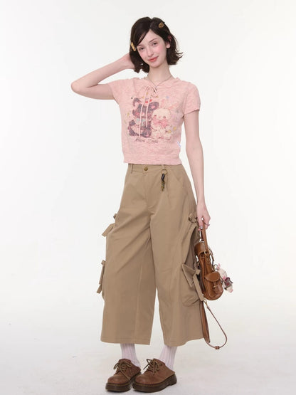 Bear Rabbit Print Strap Crew Neck Short Sleeve T-Shirt Pink【s0000016326】