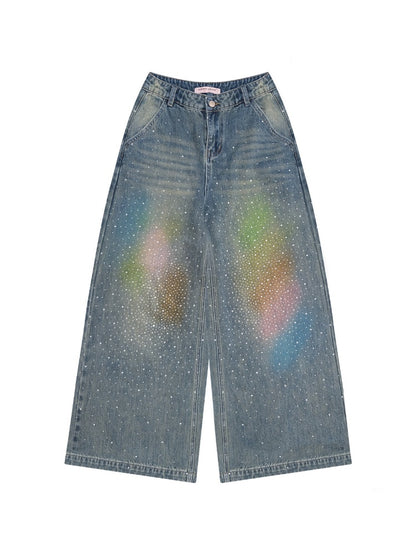 Gradient Rainbow Rhinestone Wide-Leg Straight Flared Denim Pants【s0000016327】