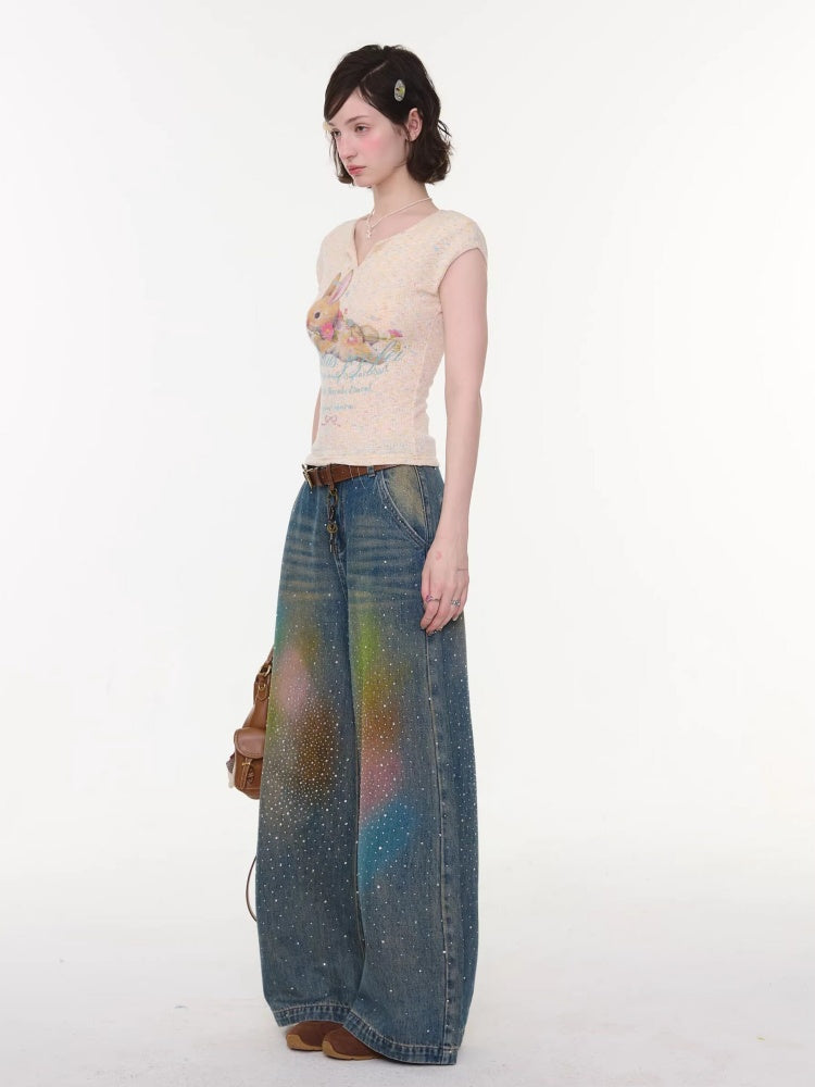 Gradient Rainbow Rhinestone Wide-Leg Straight Flared Denim Pants【s0000016327】