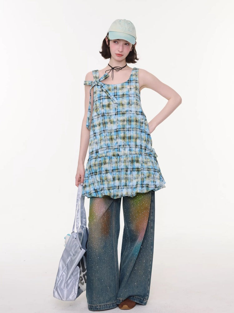 Gradient Rainbow Rhinestone Wide-Leg Straight Flared Denim Pants【s0000016327】