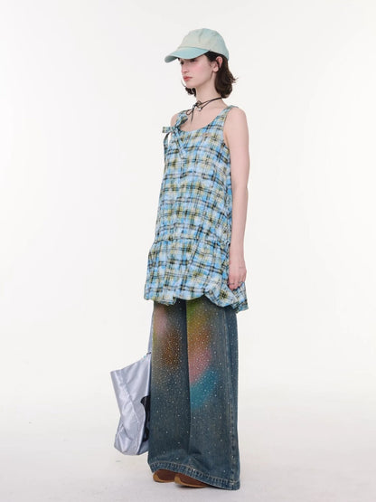 Gradient Rainbow Rhinestone Wide-Leg Straight Flared Denim Pants【s0000016327】