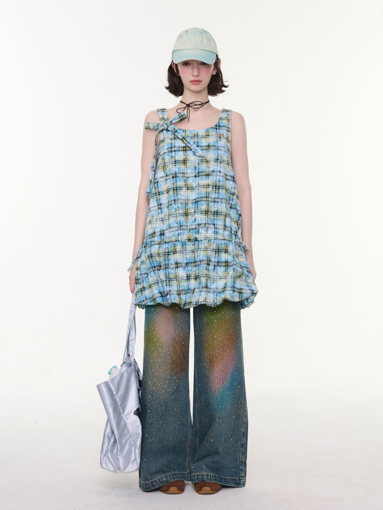 Gradient Rainbow Rhinestone Wide-Leg Straight Flared Denim Pants【s0000016327】