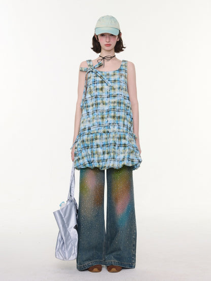 Gradient Rainbow Rhinestone Wide-Leg Straight Flared Denim Pants【s0000016327】