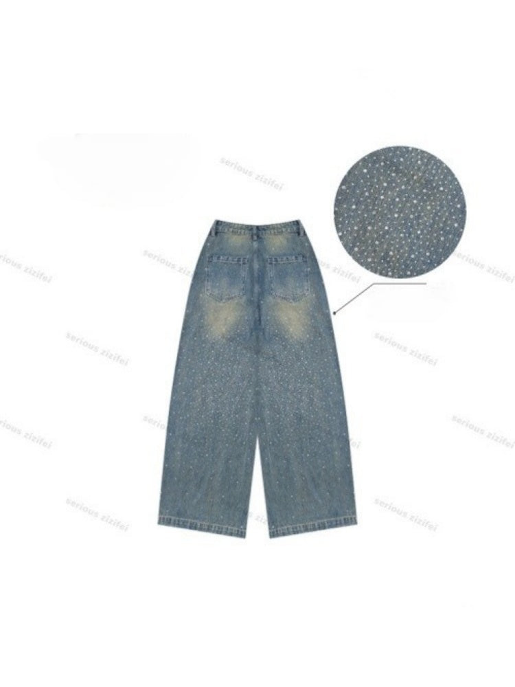 Gradient Rainbow Rhinestone Wide-Leg Straight Flared Denim Pants【s0000016327】