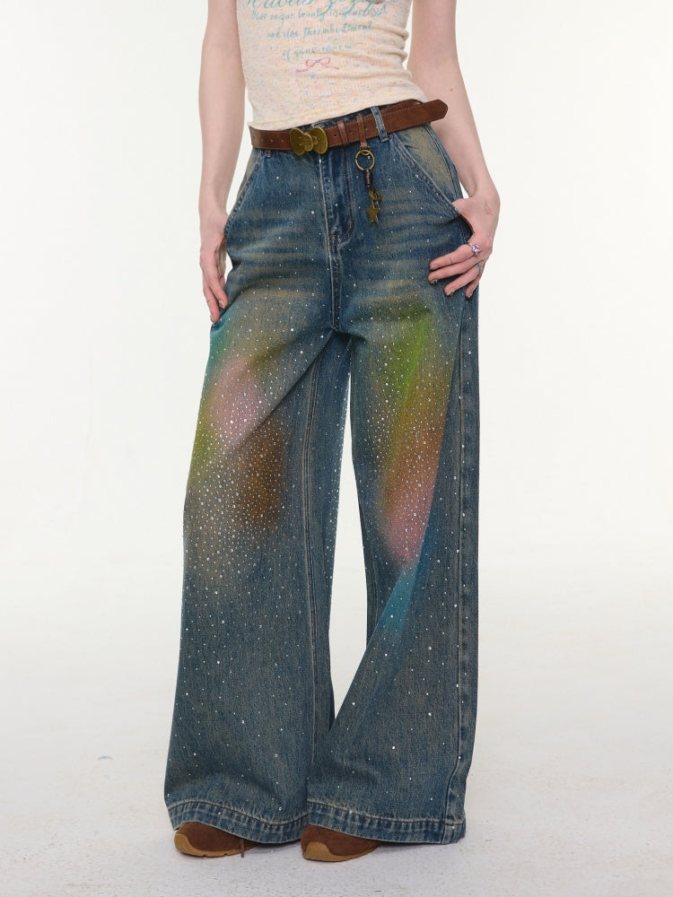 Gradient Rainbow Rhinestone Wide-Leg Straight Flared Denim Pants【s0000016327】