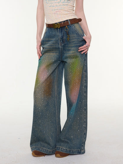 Gradient Rainbow Rhinestone Wide-Leg Straight Flared Denim Pants【s0000016327】