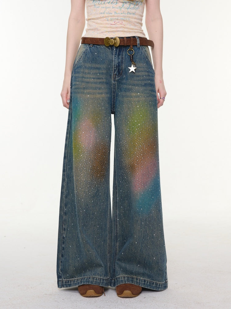 Gradient Rainbow Rhinestone Wide-Leg Straight Flared Denim Pants【s0000016327】
