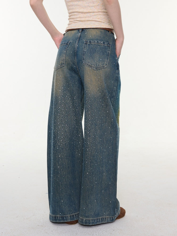 Gradient Rainbow Rhinestone Wide-Leg Straight Flared Denim Pants【s0000016327】
