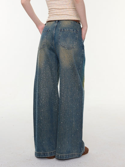 Gradient Rainbow Rhinestone Wide-Leg Straight Flared Denim Pants【s0000016327】