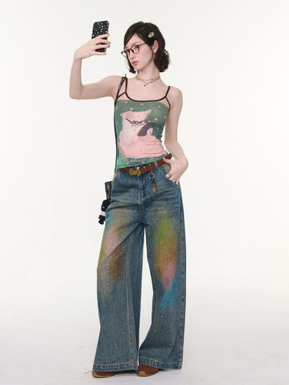 Gradient Rainbow Rhinestone Wide-Leg Straight Flared Denim Pants【s0000016327】