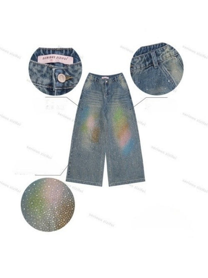 Gradient Rainbow Rhinestone Wide-Leg Straight Flared Denim Pants【s0000016327】