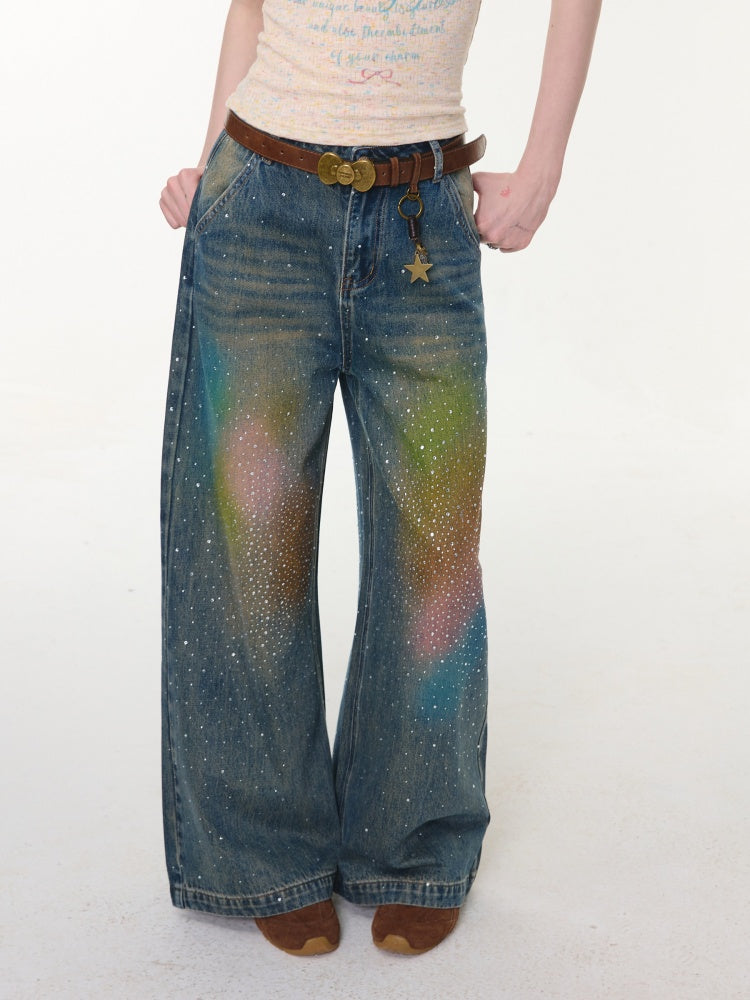 Gradient Rainbow Rhinestone Wide-Leg Straight Flared Denim Pants【s0000016327】