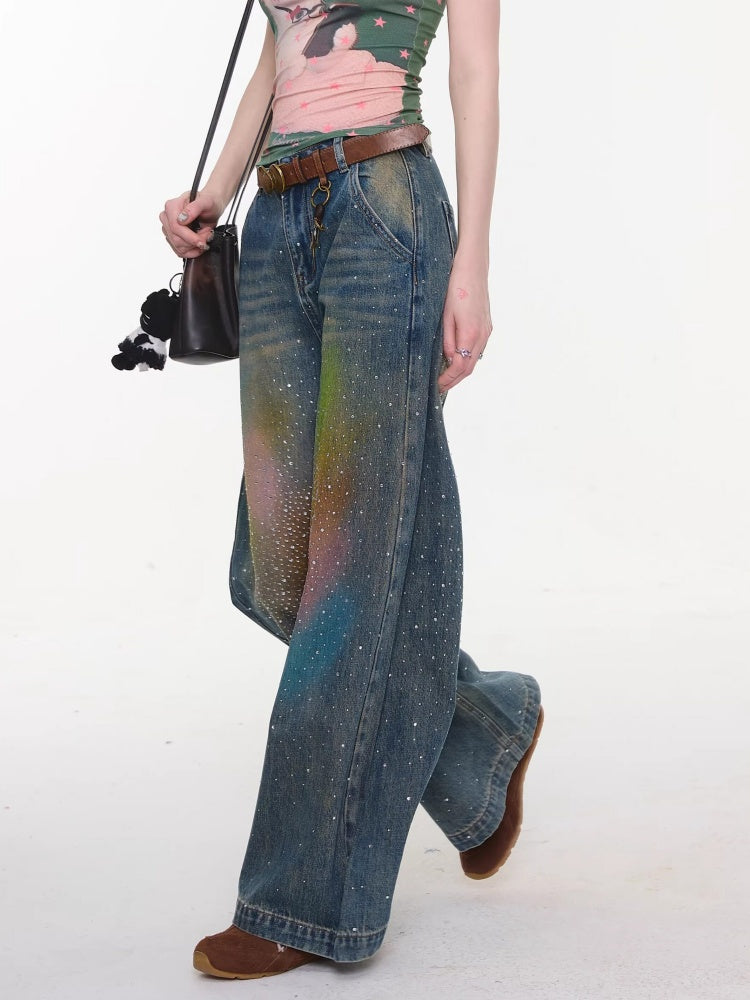 Gradient Rainbow Rhinestone Wide-Leg Straight Flared Denim Pants【s0000016327】