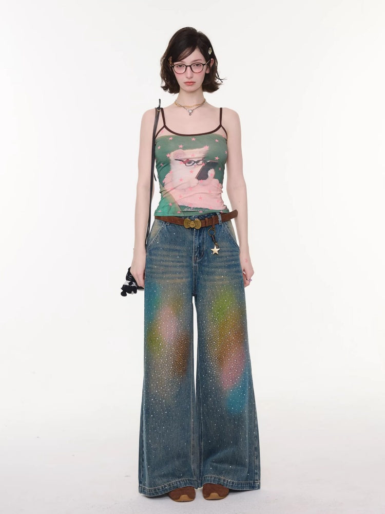 Gradient Rainbow Rhinestone Wide-Leg Straight Flared Denim Pants【s0000016327】
