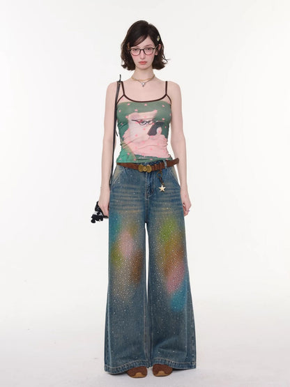 Gradient Rainbow Rhinestone Wide-Leg Straight Flared Denim Pants【s0000016327】