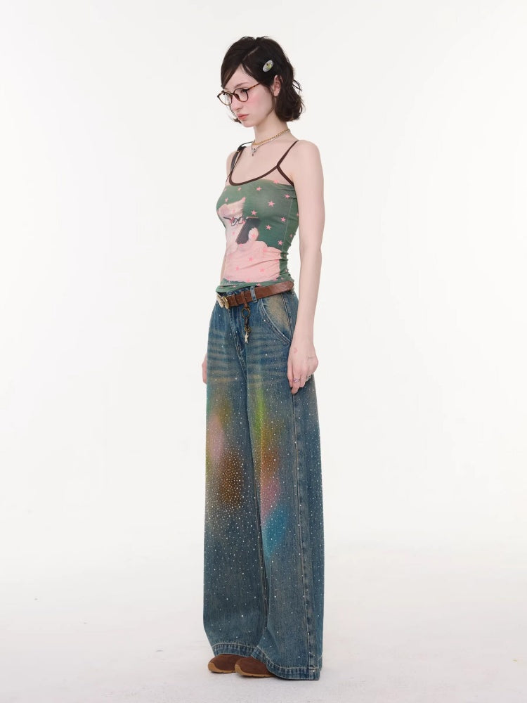Gradient Rainbow Rhinestone Wide-Leg Straight Flared Denim Pants【s0000016327】