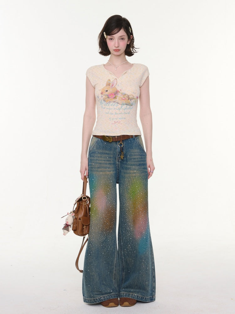 Gradient Rainbow Rhinestone Wide-Leg Straight Flared Denim Pants【s0000016327】