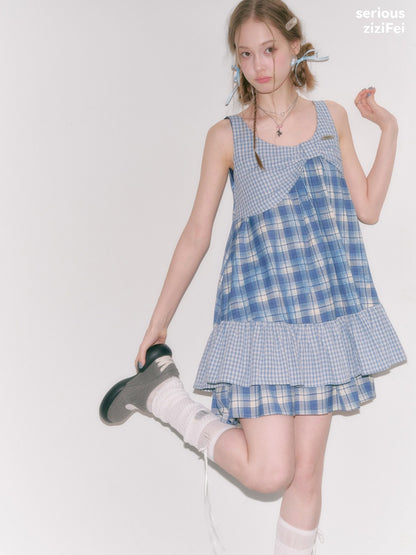 Irregular Patchwork Plaid Sleeveless Cake Dress【s0000016328】