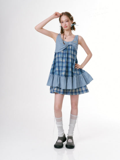 Irregular Patchwork Plaid Sleeveless Cake Dress【s0000016328】