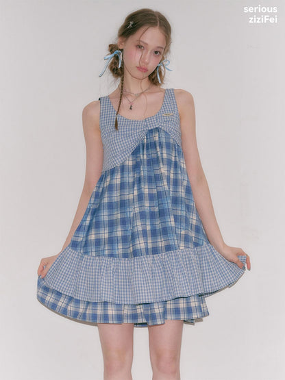 Irregular Patchwork Plaid Sleeveless Cake Dress【s0000016328】
