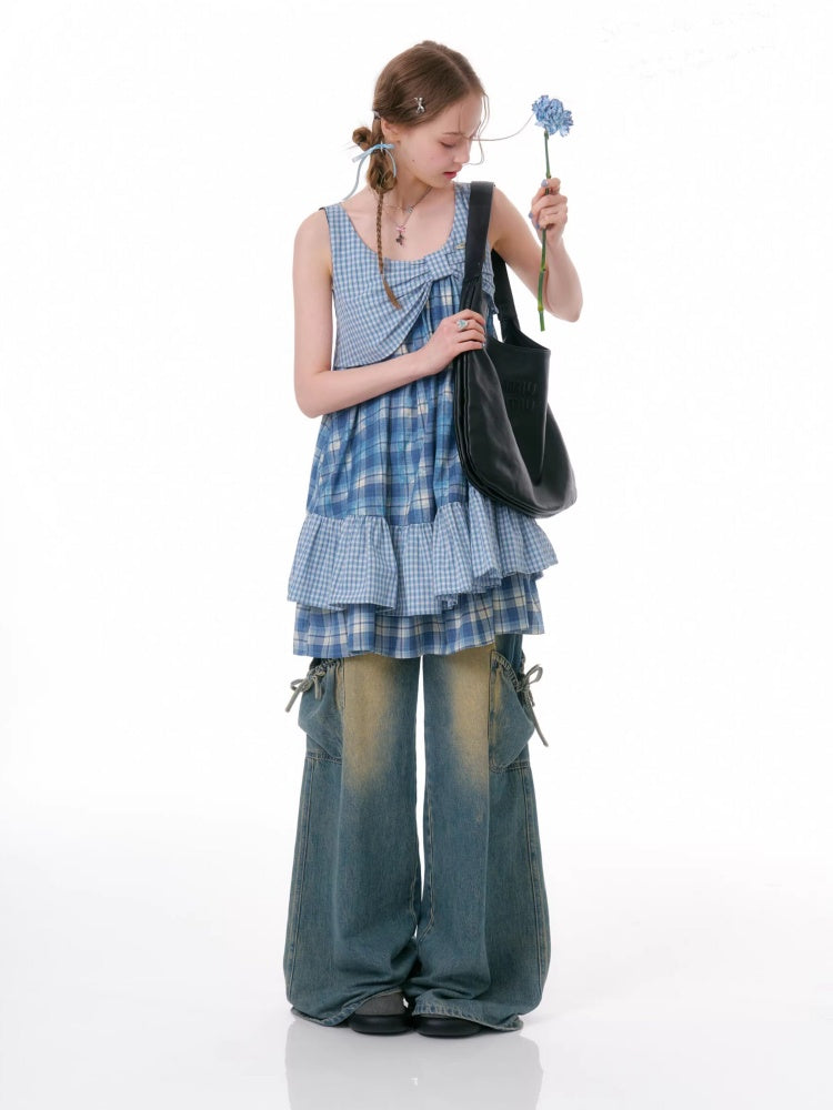 Irregular Patchwork Plaid Sleeveless Cake Dress【s0000016328】