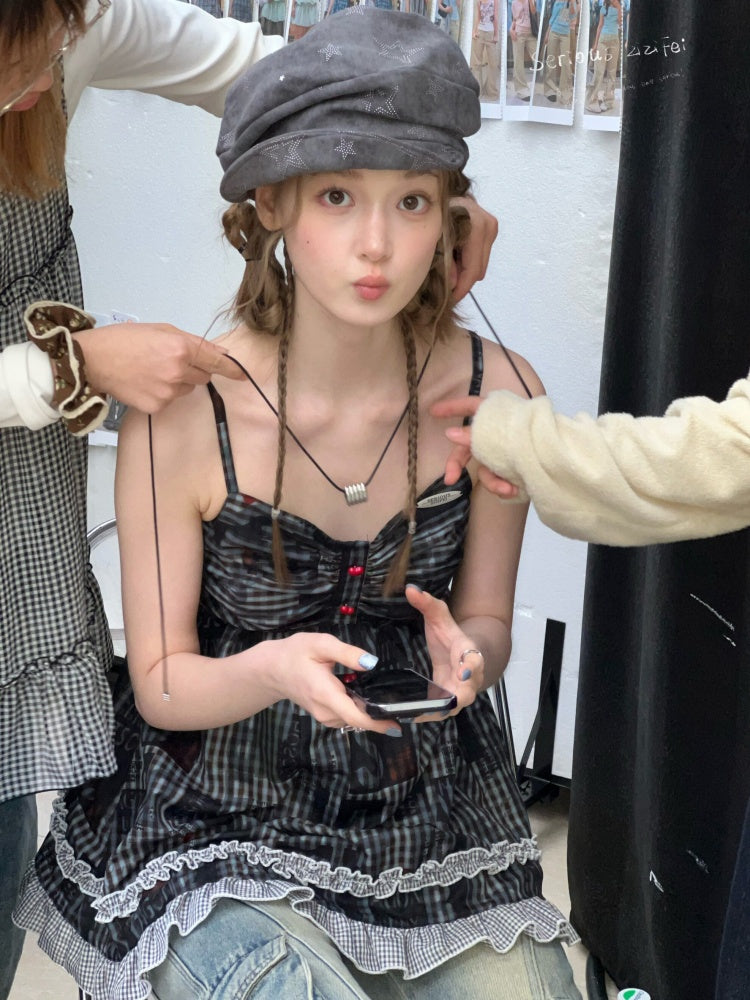 Plaid Lace Hem Camisole Dress【s0000016329】
