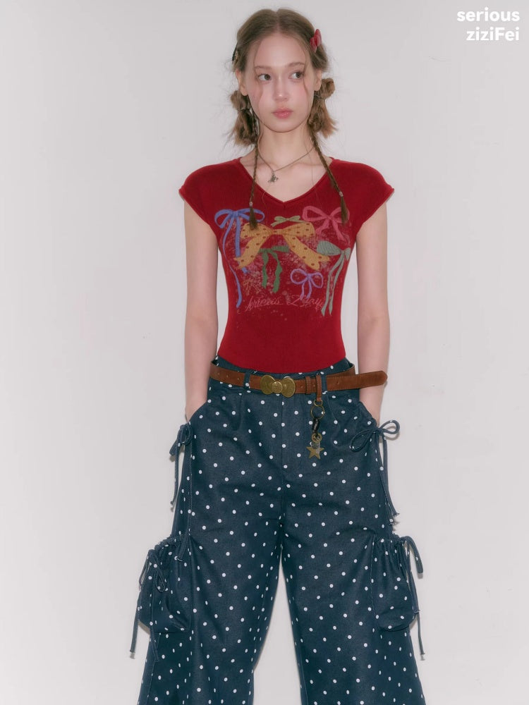 Bow Print V-Neck Short-Sleeved T-Shirt【s0000016330】