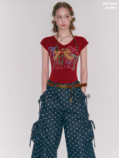 Bow Print V-Neck Short-Sleeved T-Shirt【s0000016330】