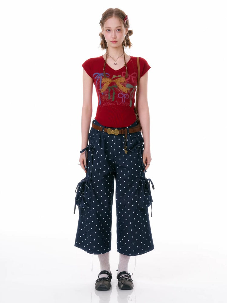 Bow Print V-Neck Short-Sleeved T-Shirt【s0000016330】