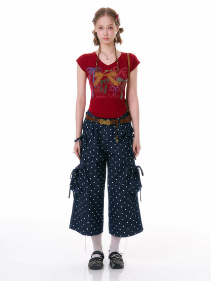Bow Print V-Neck Short-Sleeved T-Shirt【s0000016330】