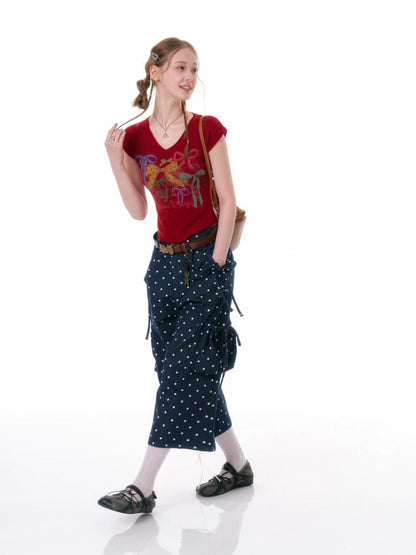Bow Print V-Neck Short-Sleeved T-Shirt【s0000016330】