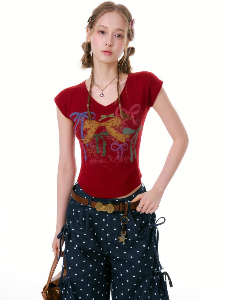 Bow Print V-Neck Short-Sleeved T-Shirt【s0000016330】