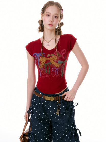 Bow Print V-Neck Short-Sleeved T-Shirt【s0000016330】