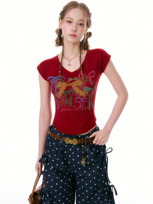 Bow Print V-Neck Short-Sleeved T-Shirt【s0000016330】