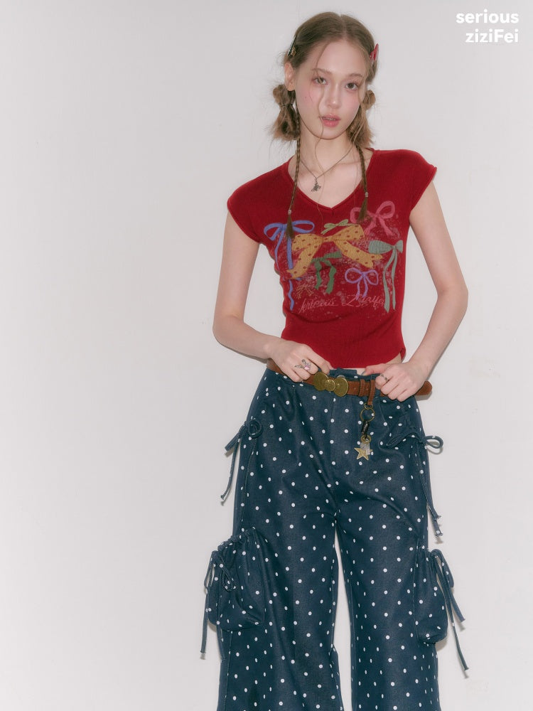 Bow Print V-Neck Short-Sleeved T-Shirt【s0000016330】
