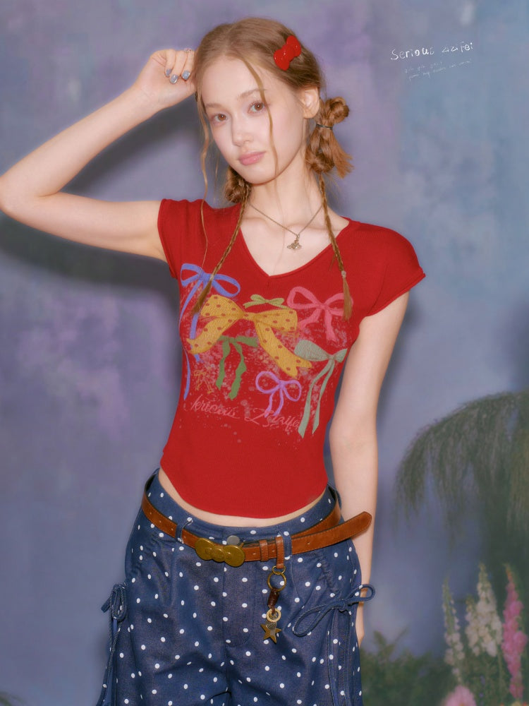 Bow Print V-Neck Short-Sleeved T-Shirt【s0000016330】