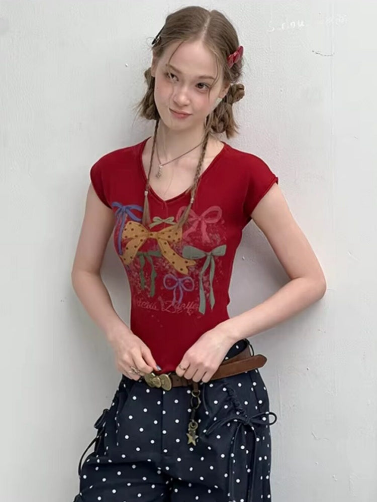 Bow Print V-Neck Short-Sleeved T-Shirt【s0000016330】