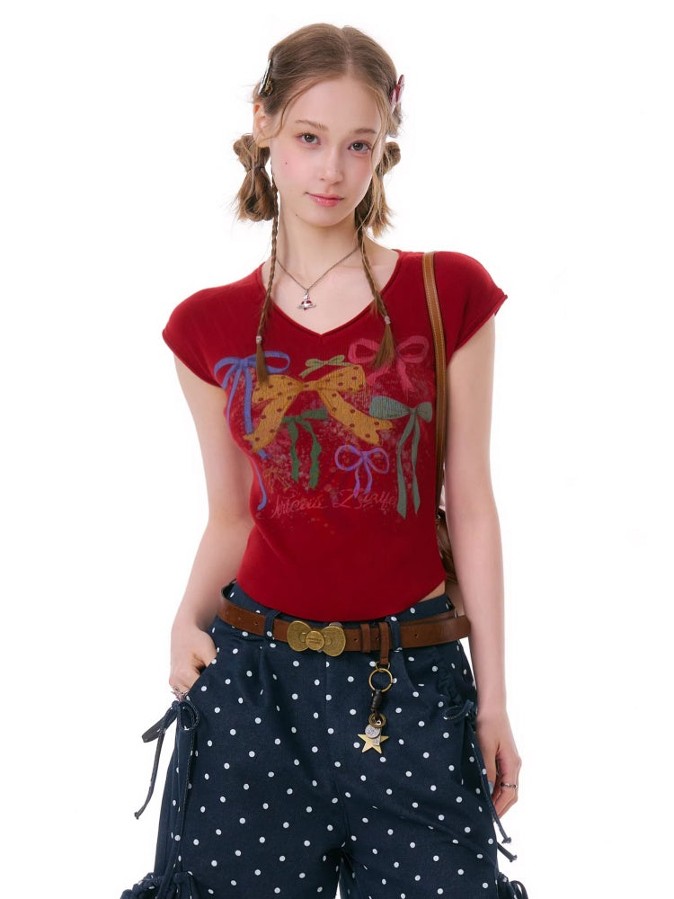 Bow Print V-Neck Short-Sleeved T-Shirt【s0000016330】