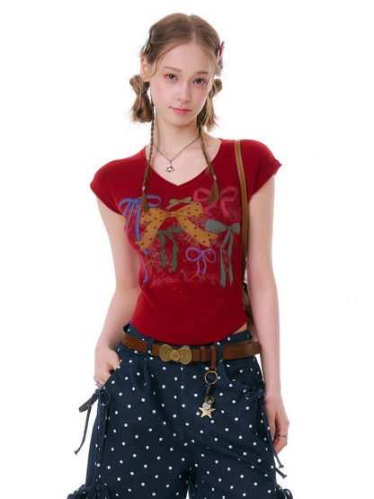 Bow Print V-Neck Short-Sleeved T-Shirt【s0000016330】