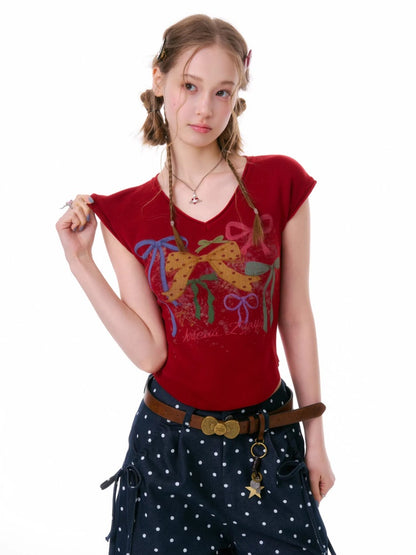 Bow Print V-Neck Short-Sleeved T-Shirt【s0000016330】