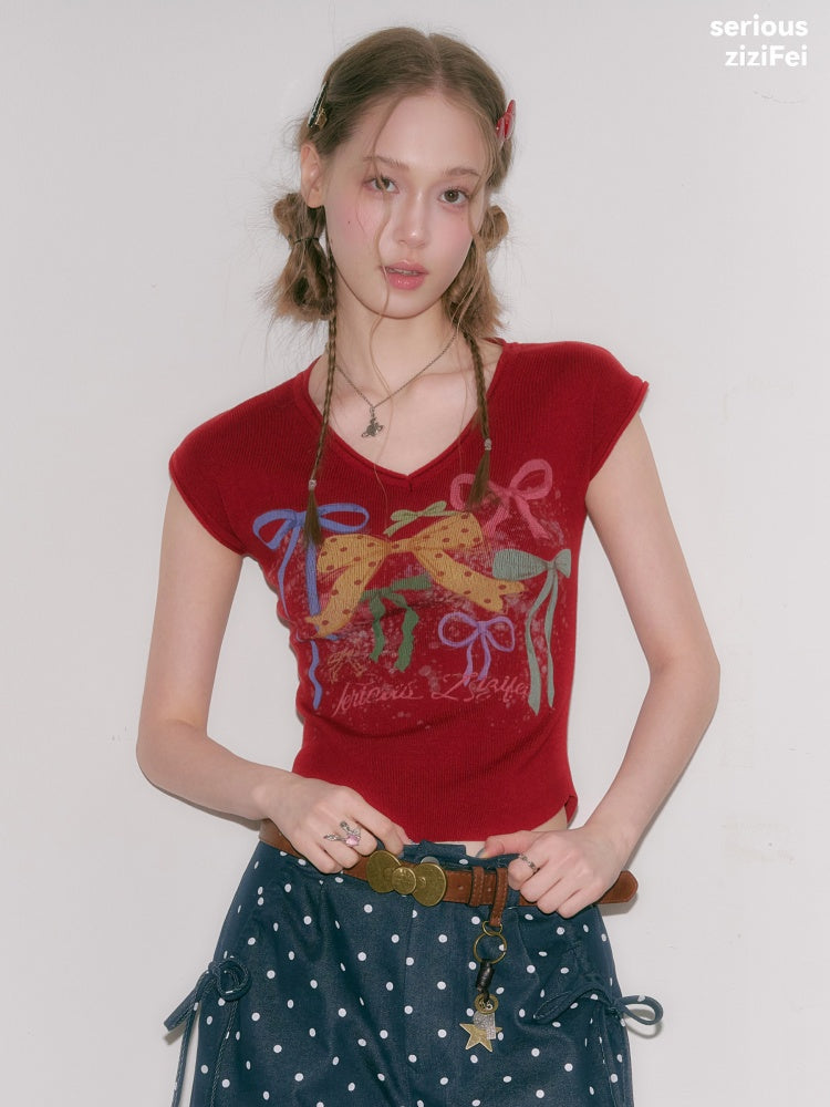 Bow Print V-Neck Short-Sleeved T-Shirt【s0000016330】