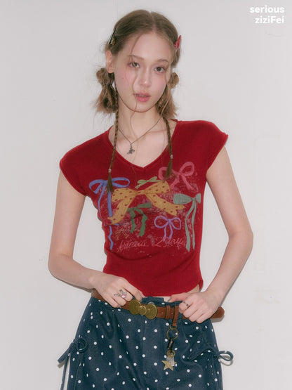 Bow Print V-Neck Short-Sleeved T-Shirt【s0000016330】