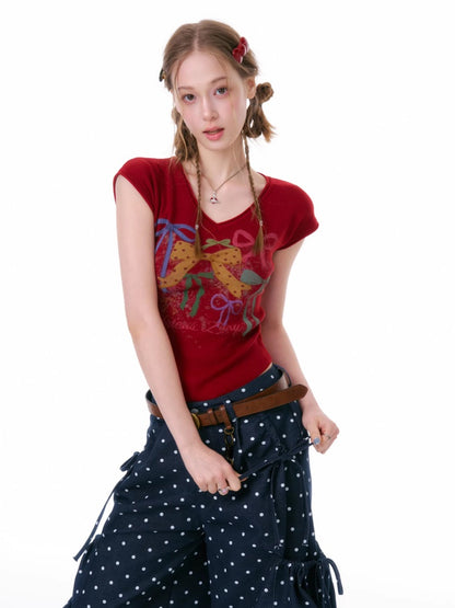 Bow Print V-Neck Short-Sleeved T-Shirt【s0000016330】