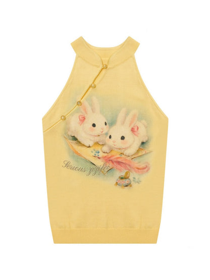 Rabbit Print Chinese Halter-Neck Knitted Vest【s0000016331】