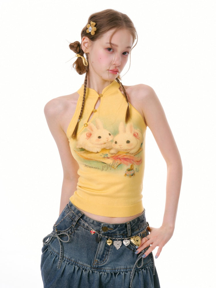 Rabbit Print Chinese Halter-Neck Knitted Vest【s0000016331】