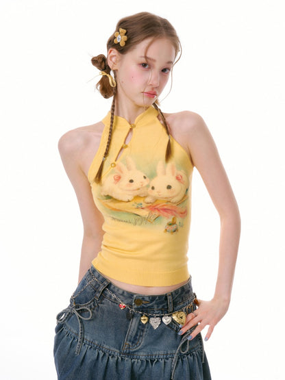 Rabbit Print Chinese Halter-Neck Knitted Vest【s0000016331】