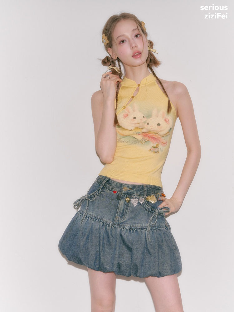 Rabbit Print Chinese Halter-Neck Knitted Vest【s0000016331】