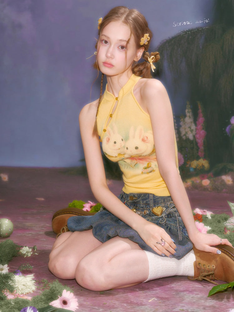Rabbit Print Chinese Halter-Neck Knitted Vest【s0000016331】